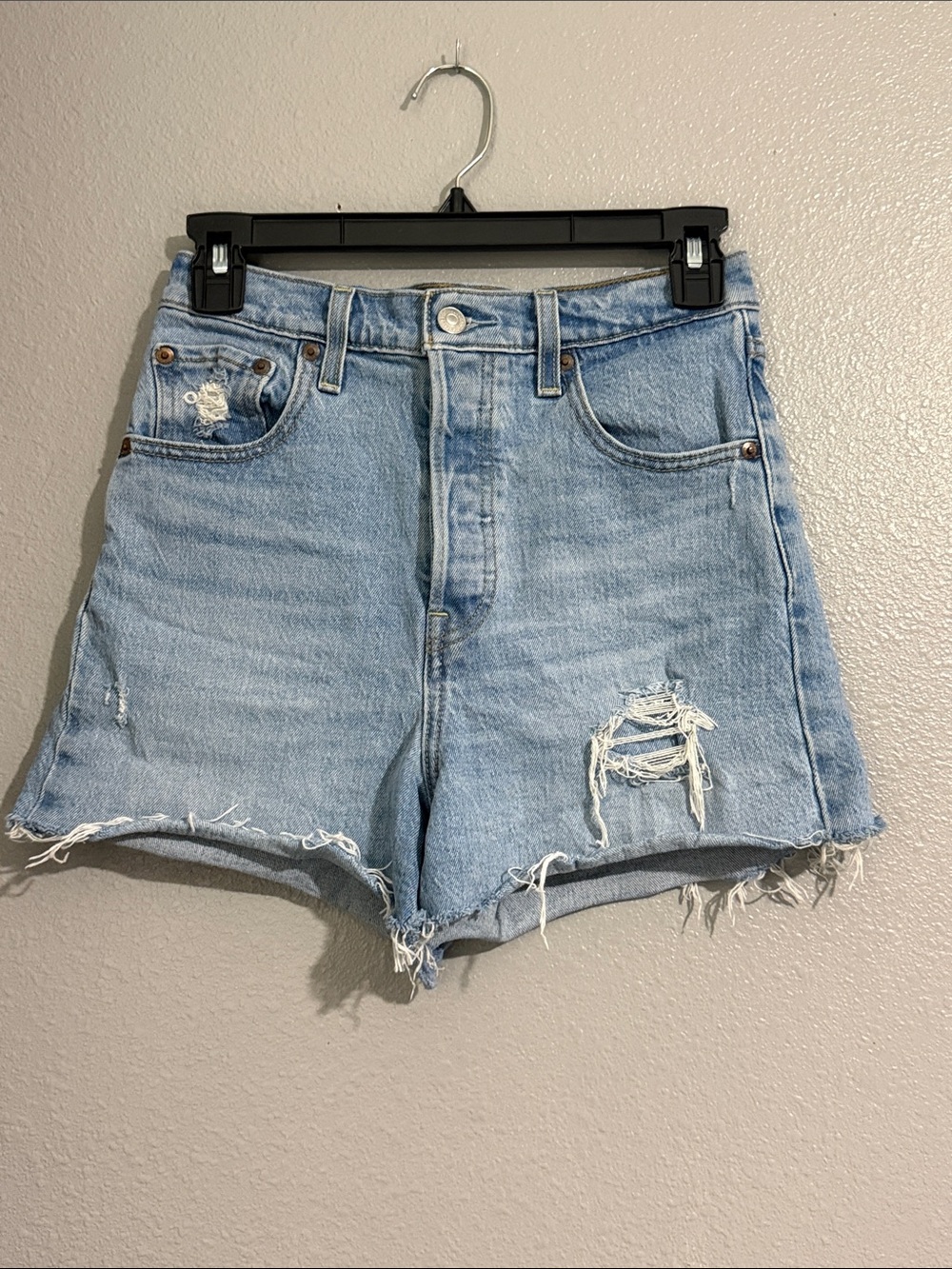 Levi's Premium Ribcage shorts Light Blue Distressed High-Rise Jean Shorts